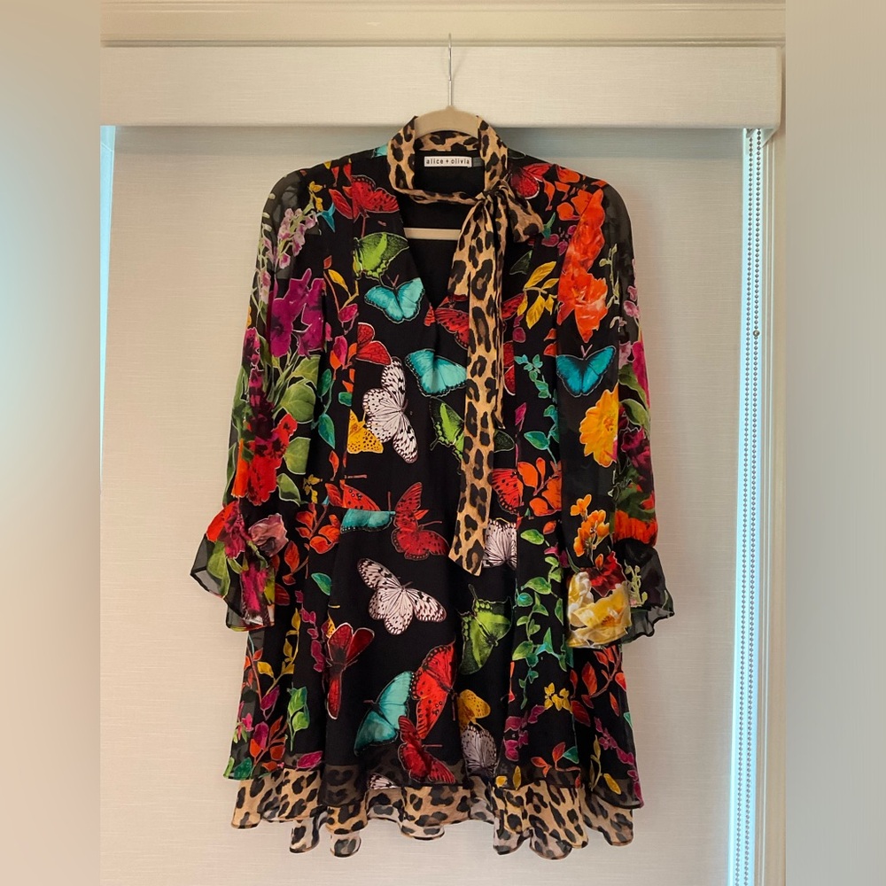 Alice + Olivia Butterfly and Cheetah Print Ruffle Long Sleeve Dress- Extra Small